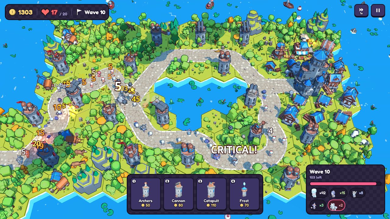 Towers defending a meadow island from a wave of skeletons